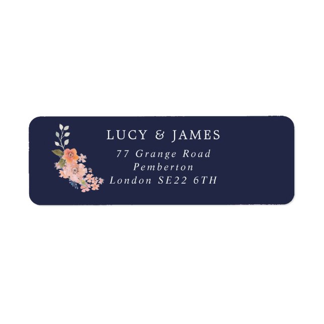 Étiquette Bouquet floral Navy et Peach Adresse de retour (Devant)