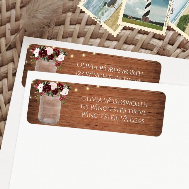 Étiquette Bourgogne Floral Lumières Mason Jar Rustique Maria (Créateur téléchargé)