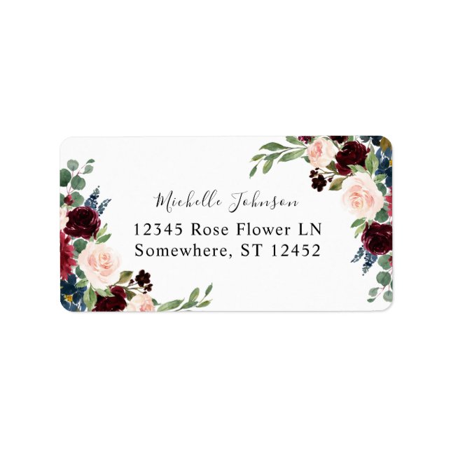 Étiquette Bourgogne & Marine Rose Floral 2 Adresse de retour (Devant)