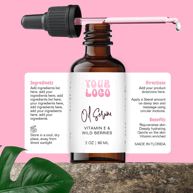Étiquette Bouteille avec compte-gouttes Retro Pink 60ml avec (Trendy Retro White & Pink 2OZ* cosmetic bottle wrap around label with your logo *verify size)