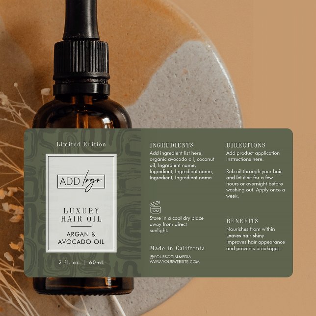Étiquette Bouteille compte-gouttes 2OZ avec motif boho vert  (Elegant earthy sage green tones custom logo cosmetic bottle wrap around label design )