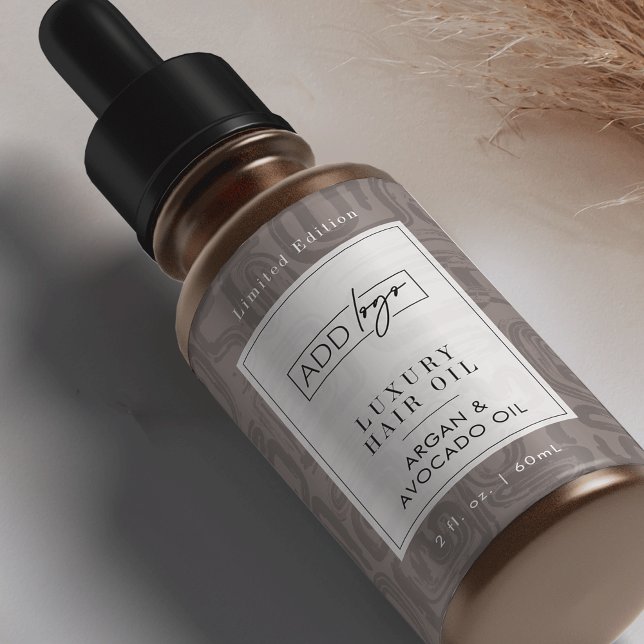 Étiquette Bouteille compte-gouttes 2OZ Logo Bohème Tan Neutr (Elegant earthy tones custom logo cosmetic bottle wrap around label design )