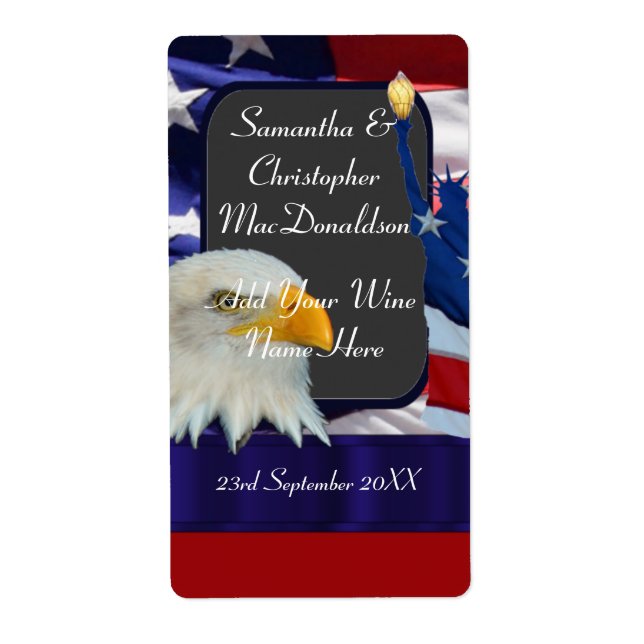 Étiquette bouteille de vin mariage à thème patriotique améri (Devant)