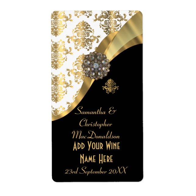 Étiquette Bouteille de vin mariage damassé blanche, noire et (Devant)