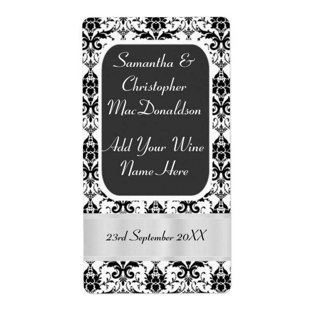Étiquette bouteille de vin mariage damassé noir et blanc (Devant)
