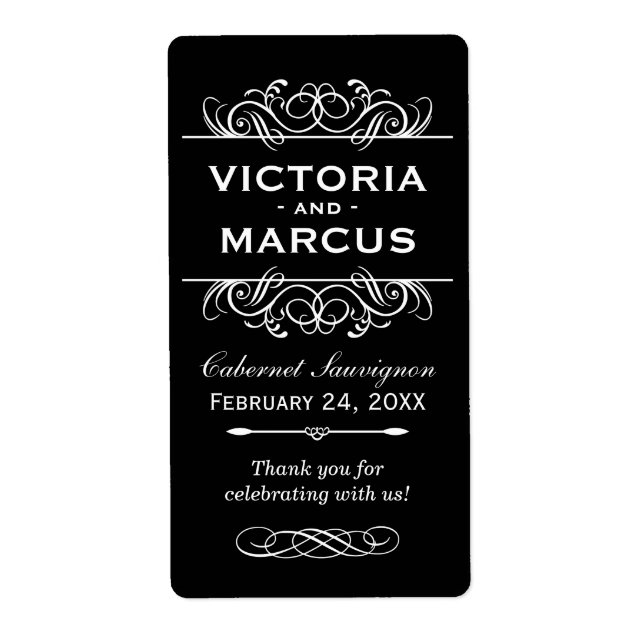 Étiquette Bouteille de vin Mariage noir et blanc Favoriser (Devant)