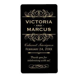 Étiquette Bouteille de vin Mariage noir et or Monogramme Fav