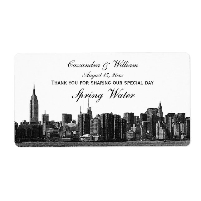 Étiquette Bouteille d'eau avec ciel de NYC en noir et blanc (Devant)