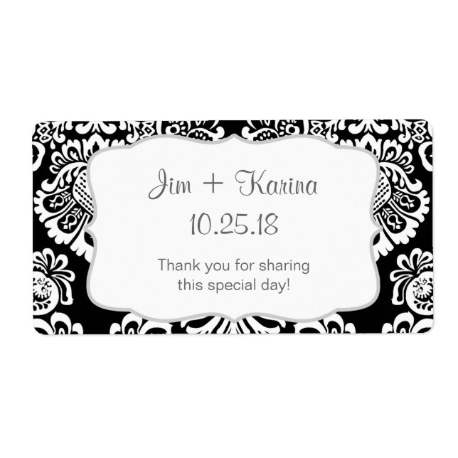 Étiquette Bouteille d'eau damassée noir - customisez-la ! (Devant)