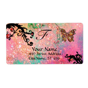 Étiquette BOUTEILLE EN ÉPARGNES, tourbillons noirs vert rose