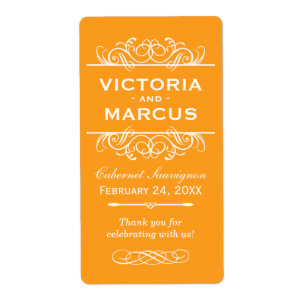 Étiquette Bouteille Mariage orange Monogramme Favoriser les