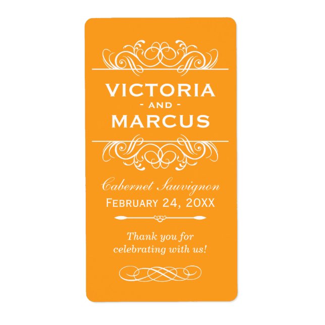 Étiquette Bouteille Mariage orange Monogramme Favoriser les  (Devant)