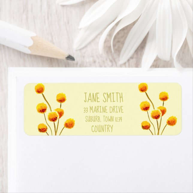 Étiquette Bouton Billy jaune fleur australienne originaire (En situation)