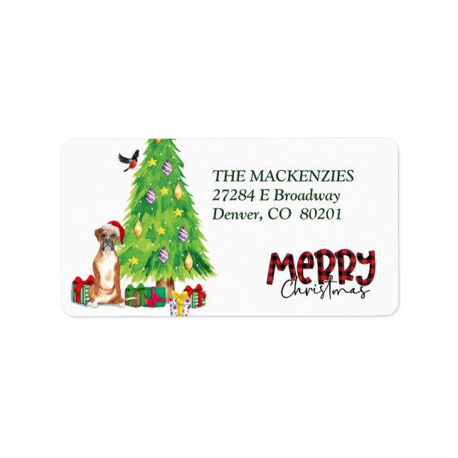 Étiquette Boxer Chien, Oiseau et Arbre de Noël Adresse de re (Devant)
