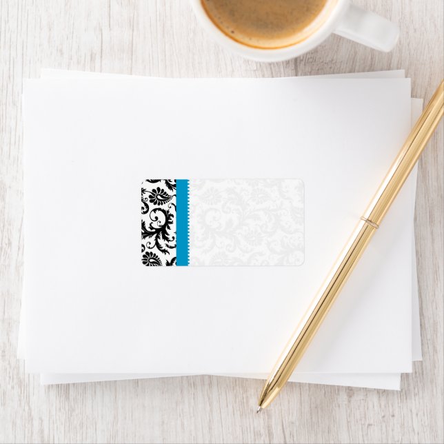 Étiquette Bright Aqua & Black Damask Dots Livraison (En situation)