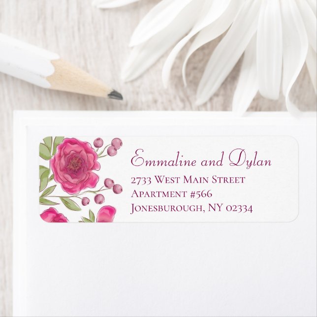 Étiquette Bright Pink Rose Wedding Return Address Labels (En situation)