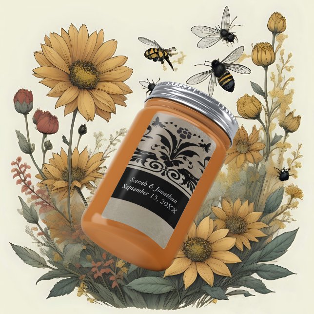 Étiquette Brown Bumble Bee Damask Enregistrer la date (Créateur téléchargé)