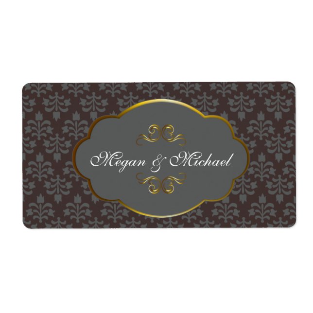 Étiquette Brown Damask with golden frame wedding labels (Devant)
