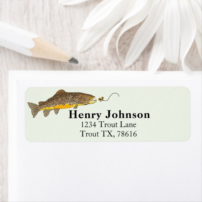 Étiquette Brown Trout Fly Fishing Graphic Brown Design (En situation)
