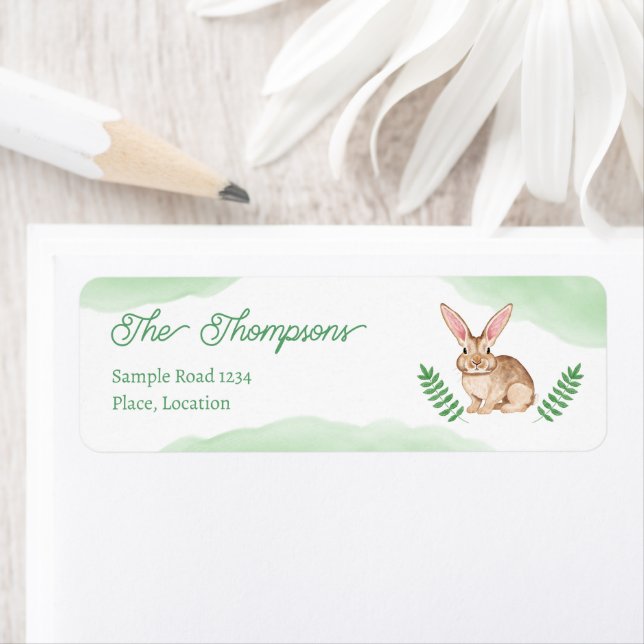 Étiquette Brown Watercolor Bunny Rabbit With Green Spring (En situation)