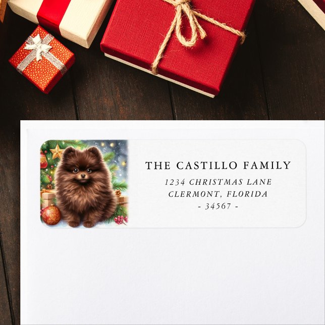 Étiquette Brun chocolat Pomeranian Adresse de Noël (Créateur téléchargé)
