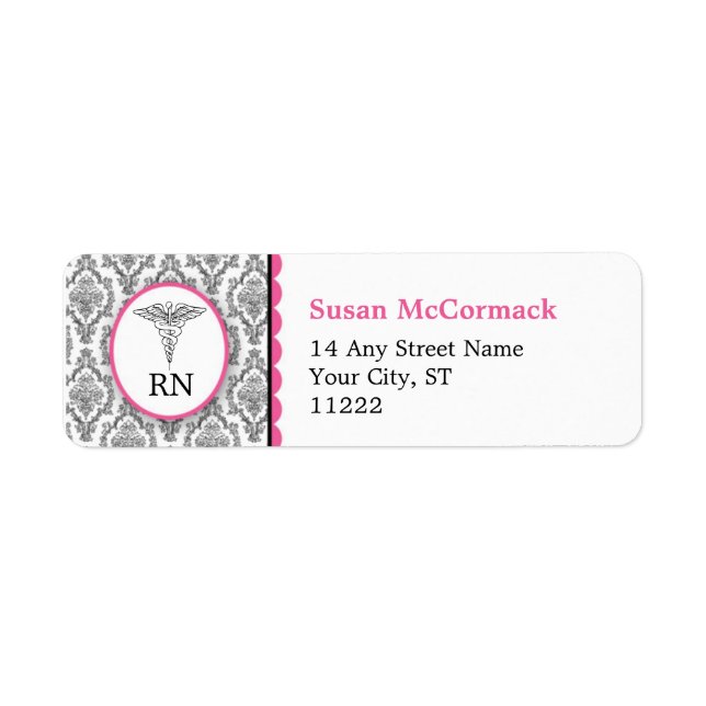 Étiquette BSN RN LPN Damask Caduceus Black Hot rose (Devant)