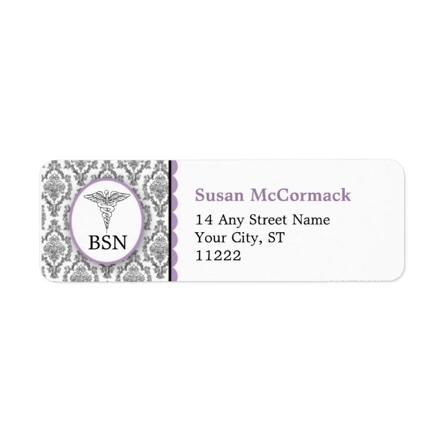 Étiquette BSN RN LPN Damask Caduceus Black Lavande (Devant)