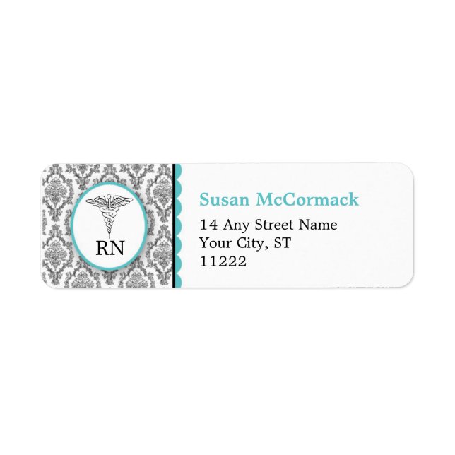 Étiquette BSN RN LPN Damask Caduceus Black Turquoise (Devant)