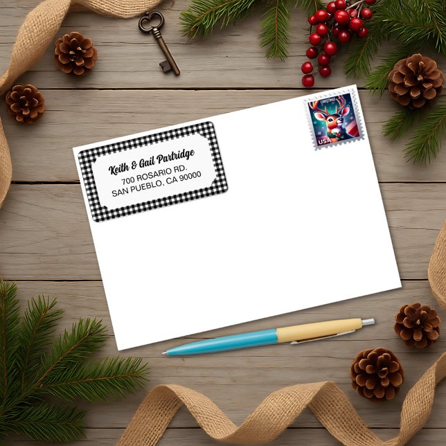 Étiquette Buffle noir et blanc rustique Plaid personnalisé (Créateur téléchargé)