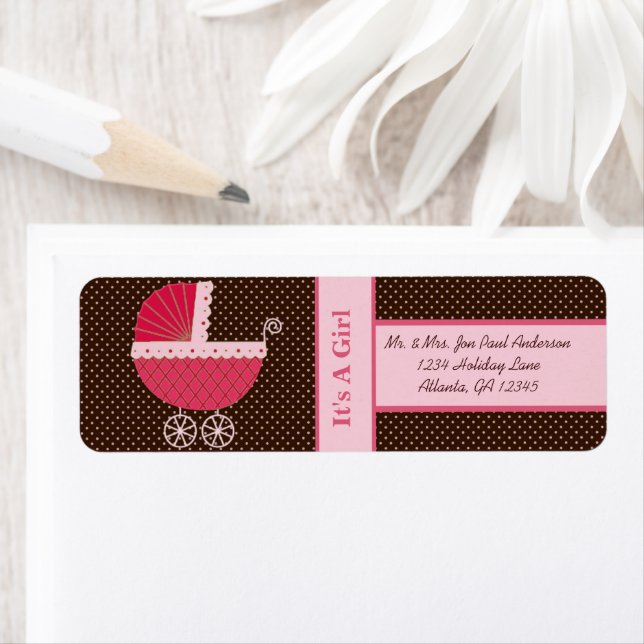 Étiquette Buggy New Baby C'est une fille Brown & points rose (En situation)