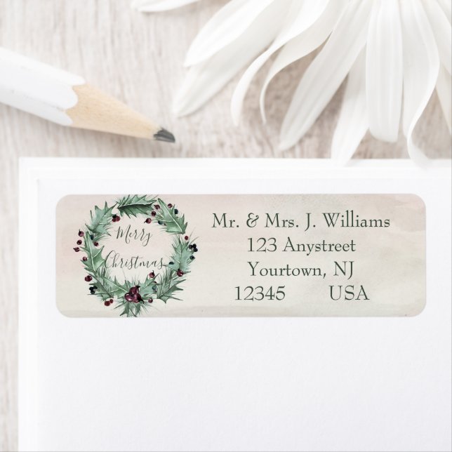 Étiquette Burgundy Berry Holly Pine Noël (En situation)