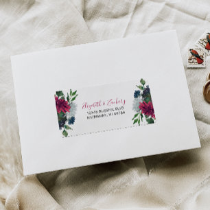 Étiquette Burgundy Blue Floral Wedding RSVP Adresse