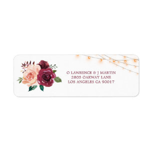 Étiquette Burgundy Dusty Rose Floral Lights Mariage Adresse