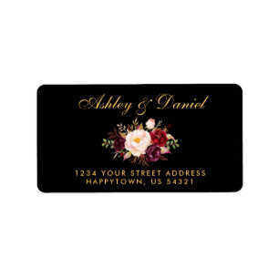 Étiquette Burgundy Floral Black Gold Mariage Adresse