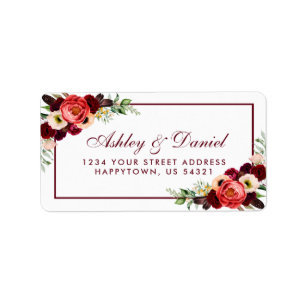 Étiquette Burgundy Floral Boho Adresse Mariage