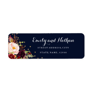 Étiquette Burgundy Gold Navy Floral Adresse de retour Label