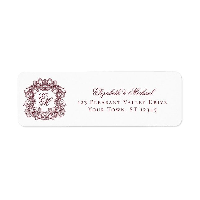Étiquette Burgundy Monogram Crest Wedding Return Address (Devant)