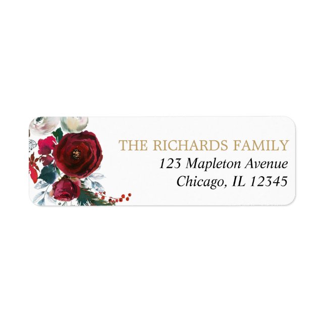 Étiquette Burgundy or élégant floral de Noël (Devant)