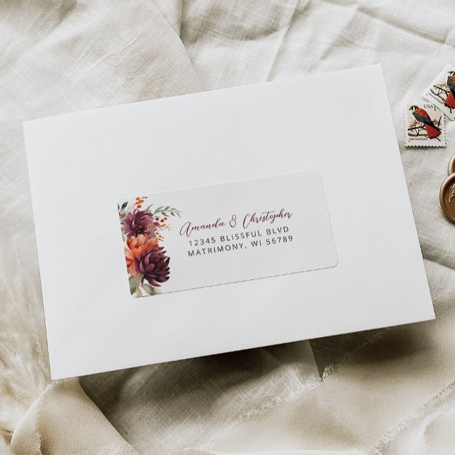Étiquette Burgundy Orange Floral Wedding RSVP Adresse (Créateur téléchargé)
