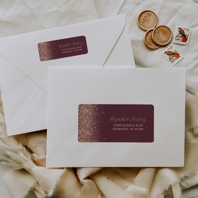 Étiquette Burgundy Rose Gold Glitter Wedding Return Address (Créateur téléchargé)