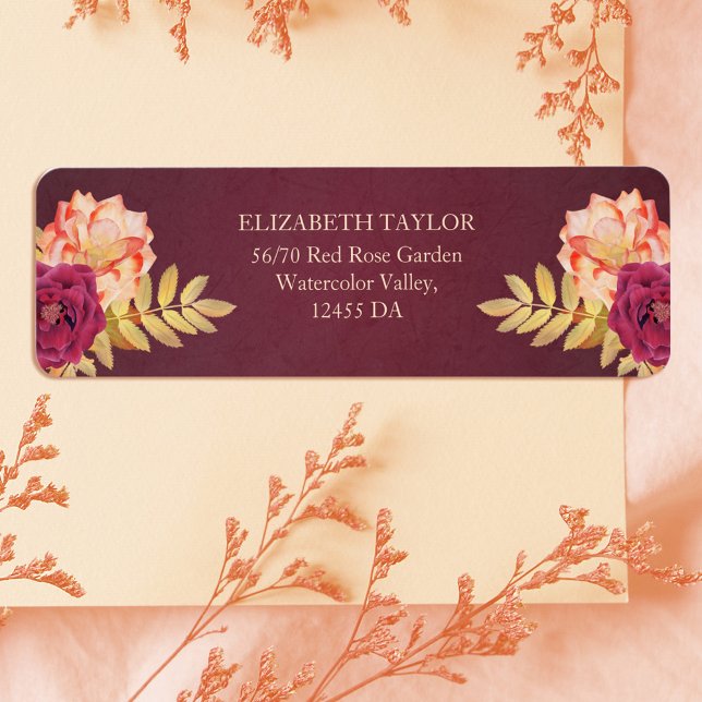 Étiquette Burgundy Rustic Fall Boho Floral Mariage Adresse (Burgundy Rustic Fall Boho Floral Wedding Address Label)