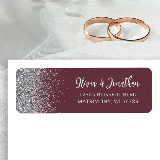 Étiquette Burgundy Silver Glitter Adresse de Retour de Maria (Créateur téléchargé)