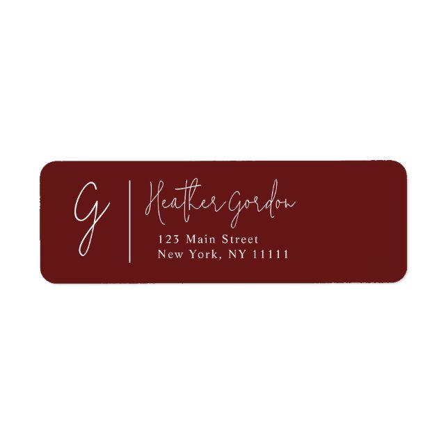 Étiquette Burgundy Simple Monogram Adresse de retour (Devant)