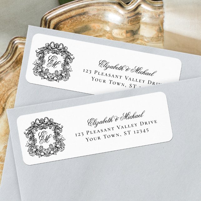 Étiquette Cachet de monogramme noir et blanc pour adresse de (Créateur téléchargé)