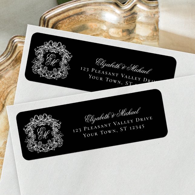 Étiquette Cachet Monogramme Noir Adresse de Retour de Mariag (Créateur téléchargé)