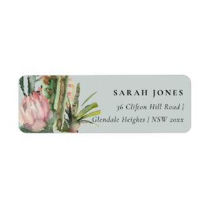 ÉTIQUETTE CACTI FLORAL ROSE GRIS ADRESSE DE COULEUR D'EAU FO