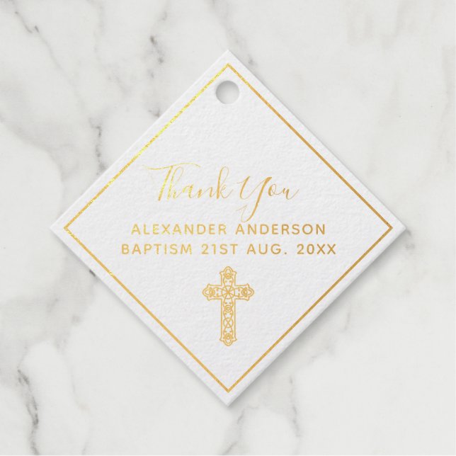 Étiquette-cadeau 12 Merci BAPTISME VRAI FOIL Croix de Christening (Devant)