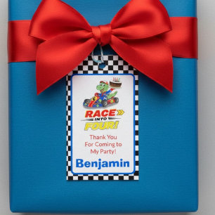 Étiquette cadeau 4ème anniversaire Dino Course aut