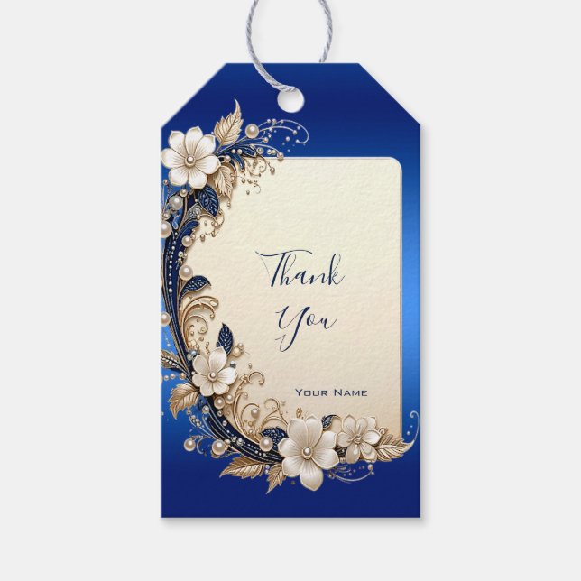 Étiquette Cadeau à Embellissement Floral Bleu Blan (Devant)