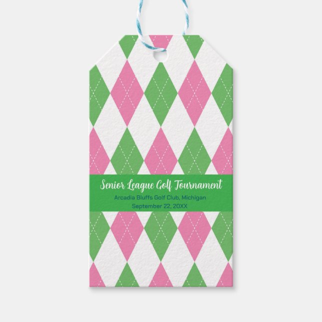 Étiquette cadeau à motif argyle rose et vert (Devant)